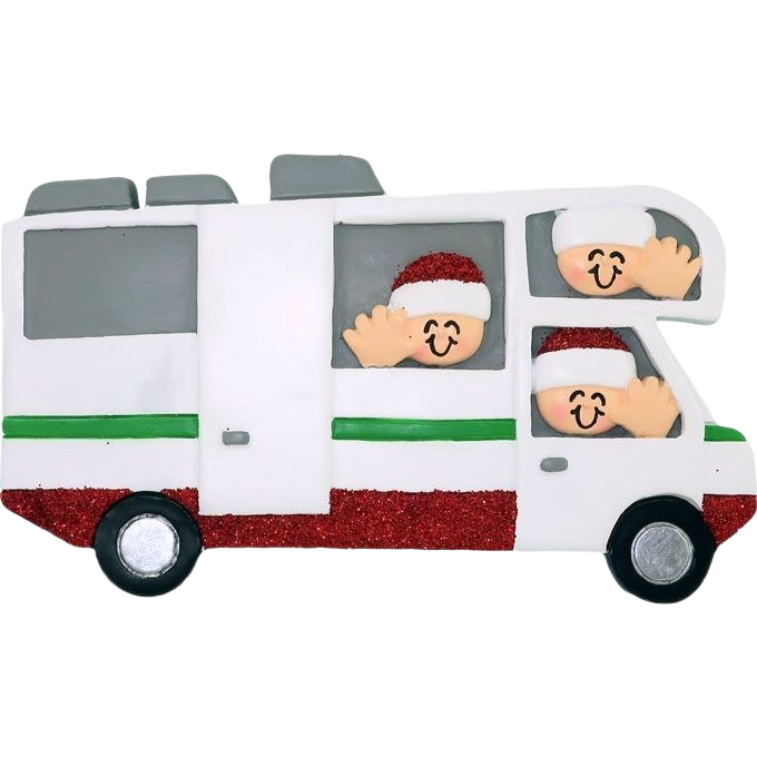 White RV ornament with three smiling family members wearing Santa hats waving for holiday tree decoration under $50 collection