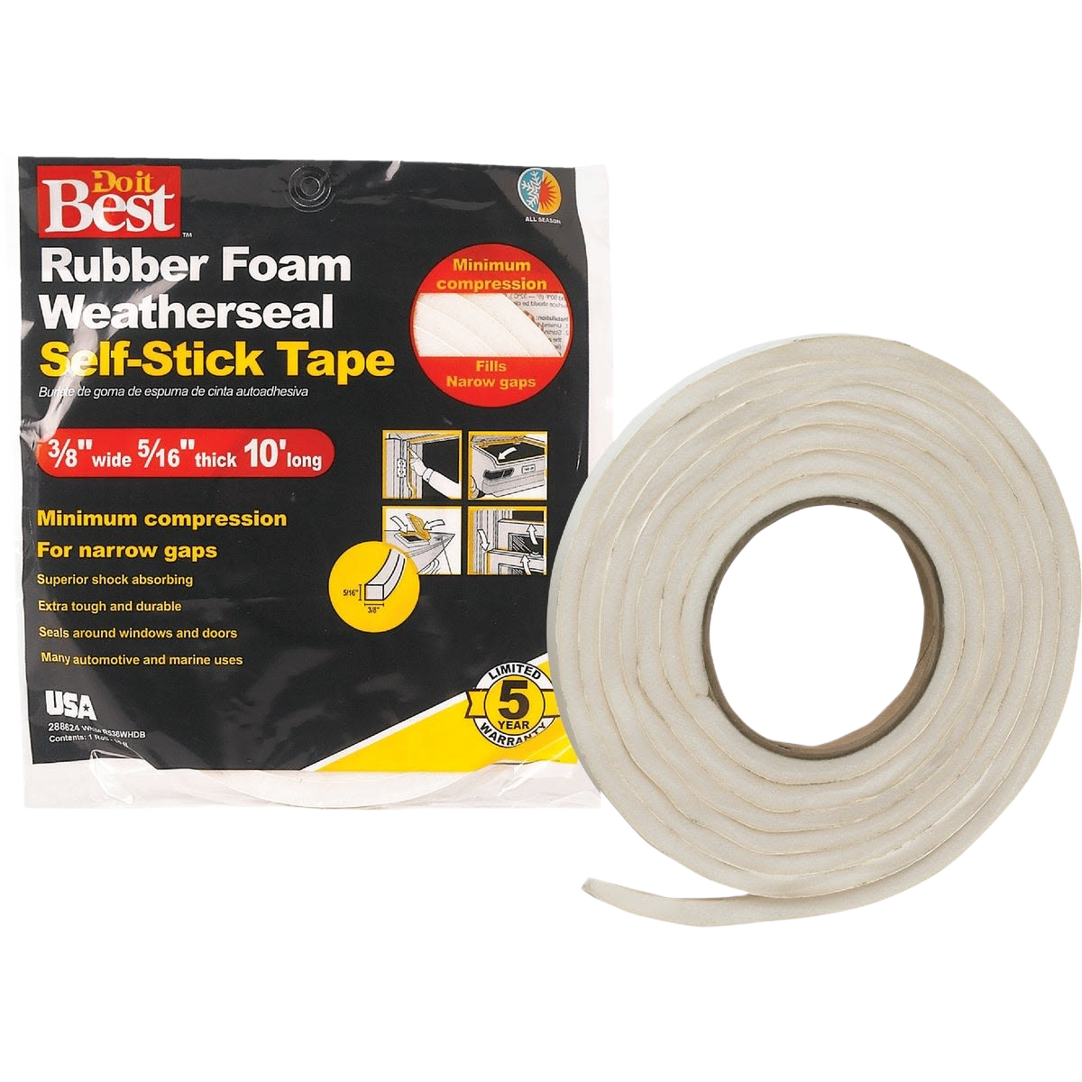 White foam weatherseal tape roll with self-adhesive backing for home improvement and hardware projects under $50