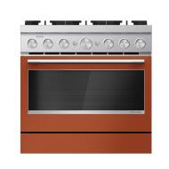 36-inch commercial-style dual fuel range in burnt orange with six gas burners and stainless steel control knobs in Ranges collection
