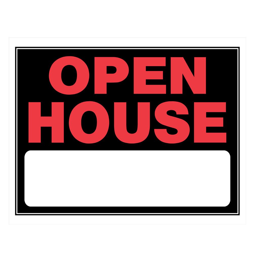 Red and black plastic open house sign with writable white space for home improvement and real estate use