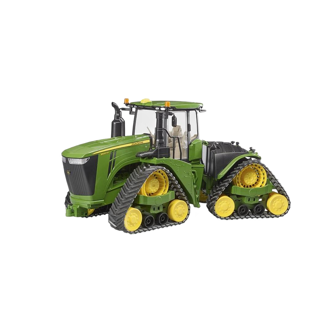 Green Bruder John Deere 9620RX toy tractor with yellow track belts for vehicles and toys collection