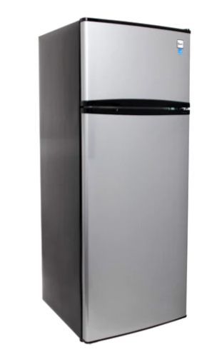 Compact two-door silver refrigerator with top freezer and black trim, designed for kitchens and appliances collections
