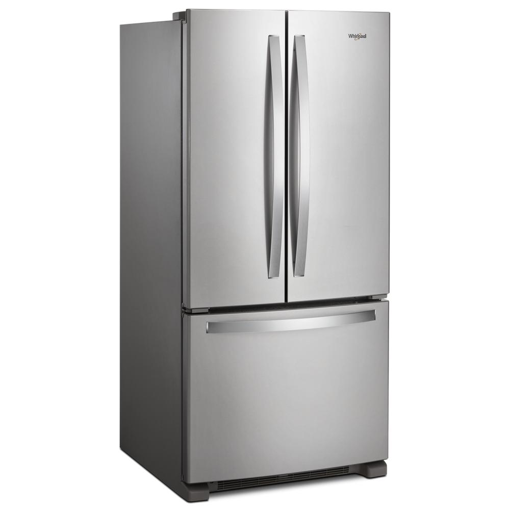 Stainless steel 33-inch wide French door refrigerator with bottom freezer from kitchen appliances collection