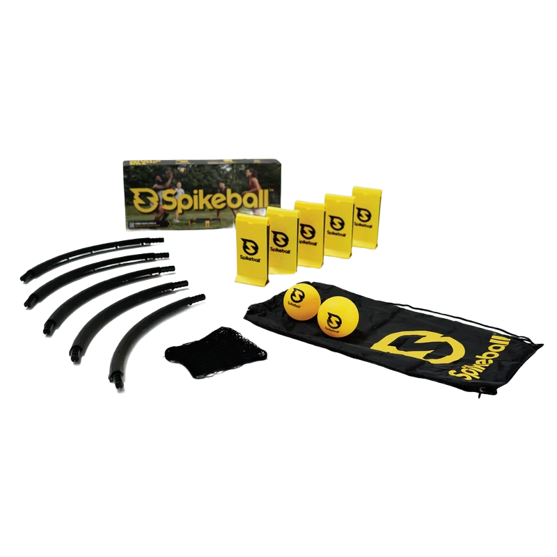 Spikeball Weekender set with yellow balls, black net, frame pieces, and carrying bag for outdoor games under $100 collections