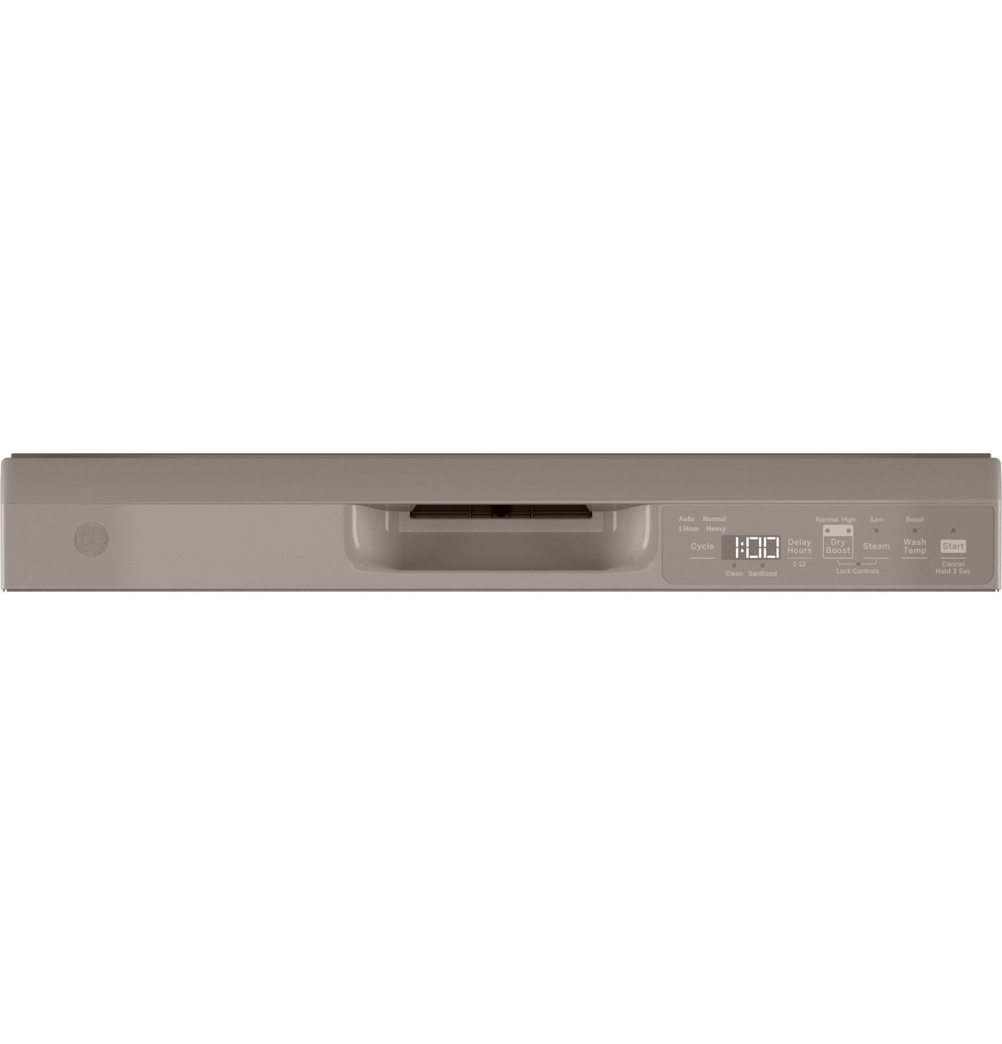 Front control panel of beige dishwasher with digital display and cycle buttons from kitchen appliances collection