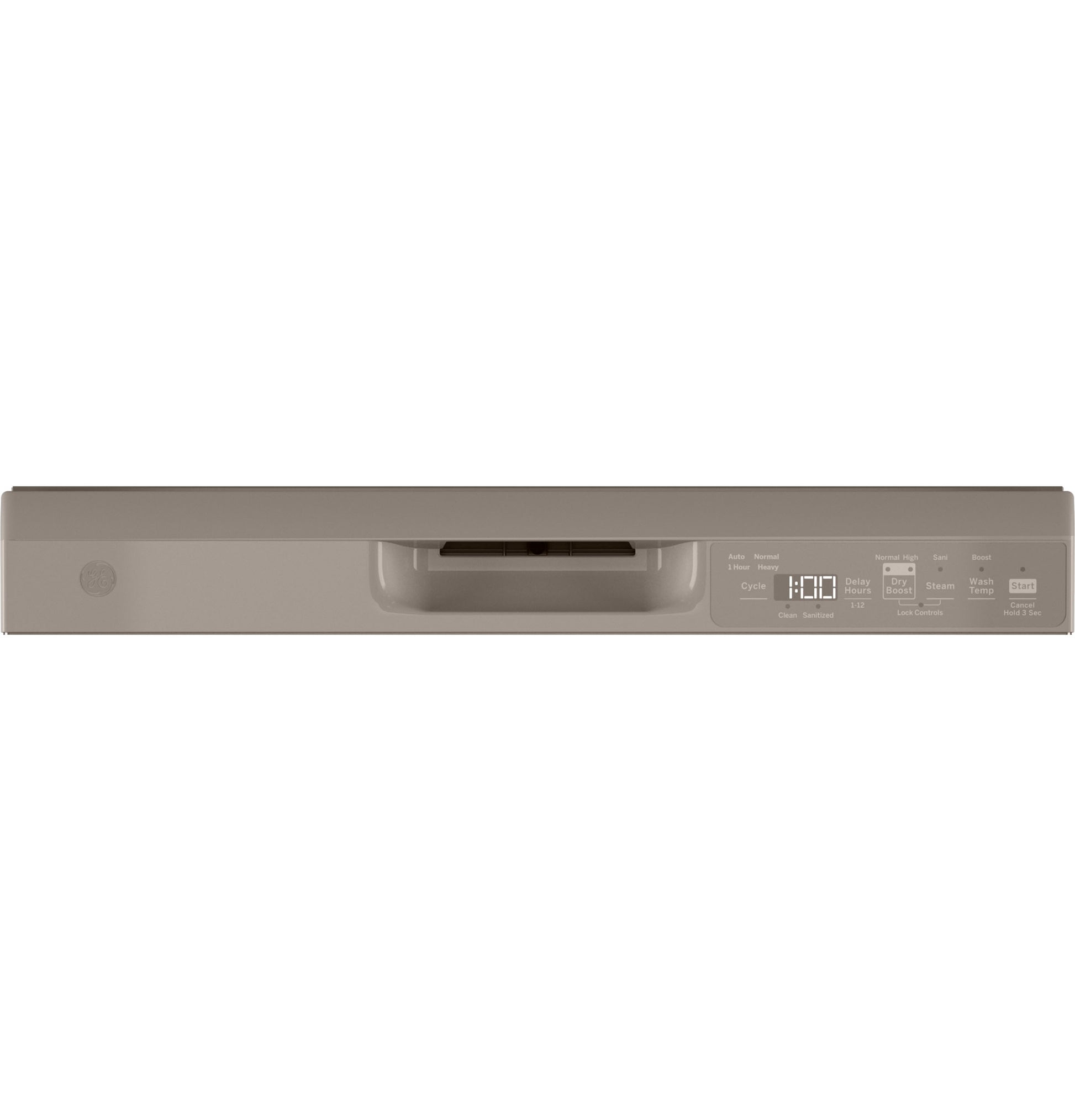 Front control panel of beige dishwasher with digital display and cycle buttons from kitchen appliances collection