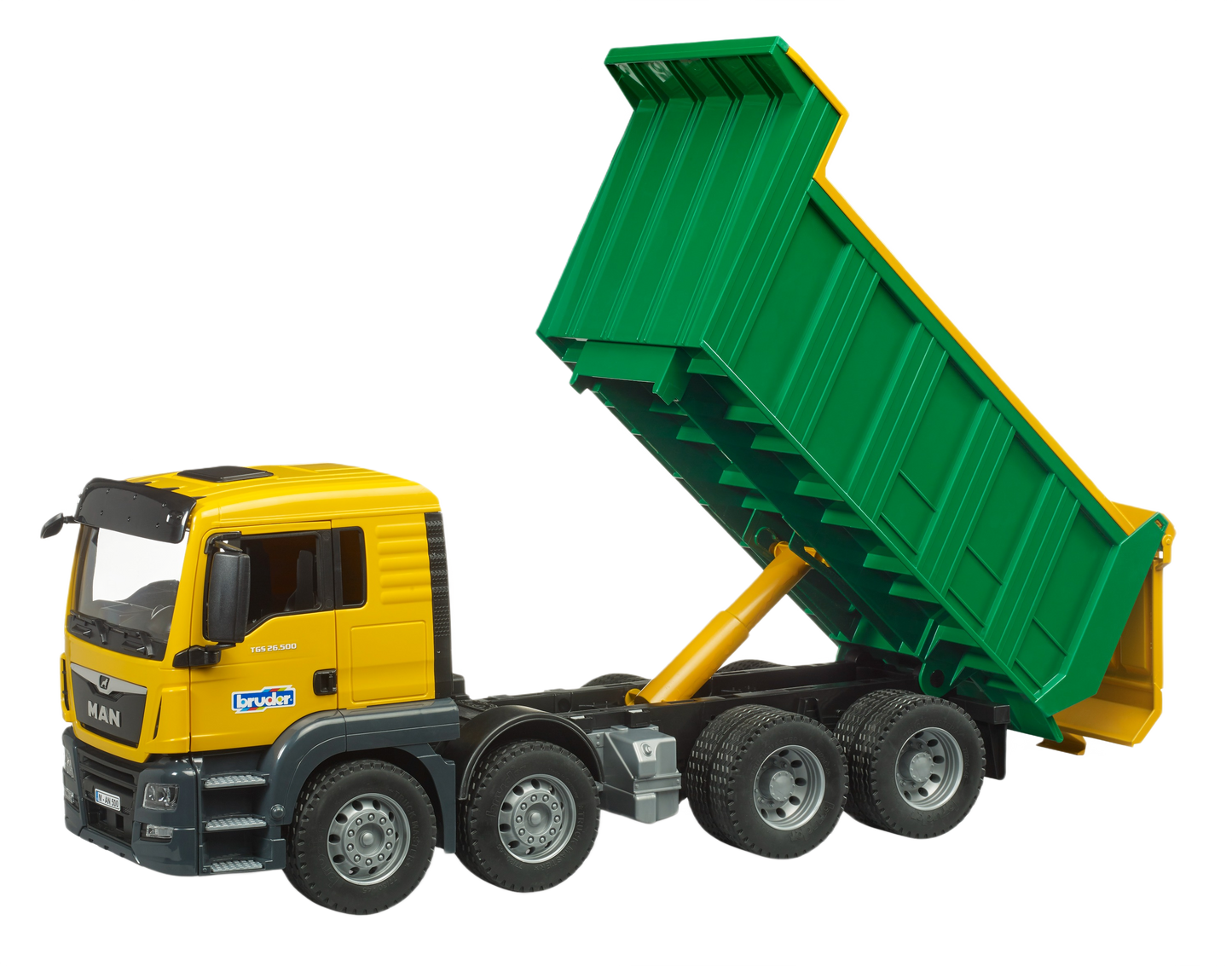 Yellow cab Bruder Man Dump Truck toy with raised green dump bed and detailed wheels for construction play