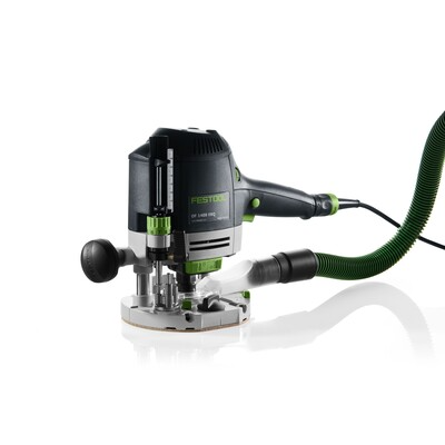 Compact Festool handheld router with dust extraction hose for precise woodworking and home improvement tasks