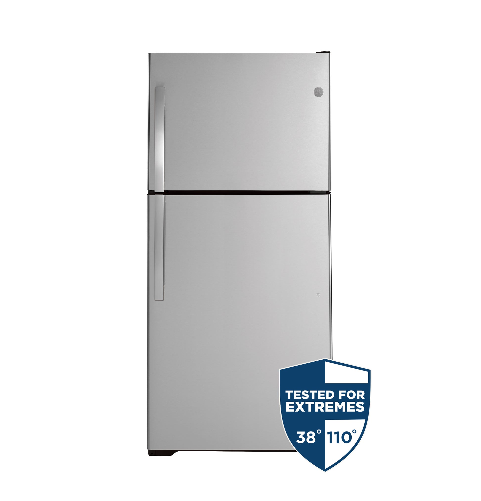 Silver top-freezer refrigerator with vertical handles and garage-ready design for kitchen and home improvement appliances collection