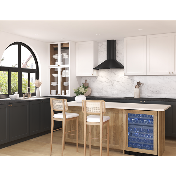 Black powder-coated semi-circular chimney hood with LED lighting in modern kitchen setting for home improvement tools