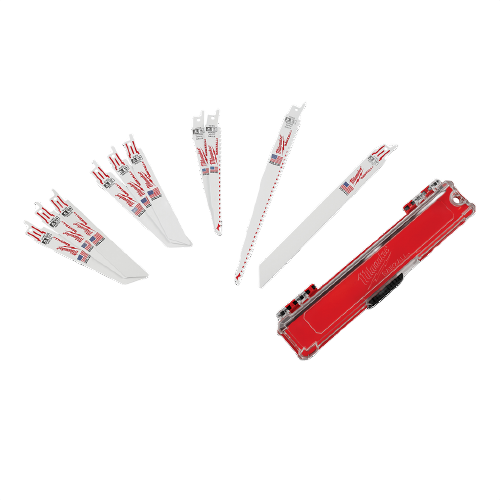 Set of various reciprocating saw blades with red storage case for tools and home improvement projects
