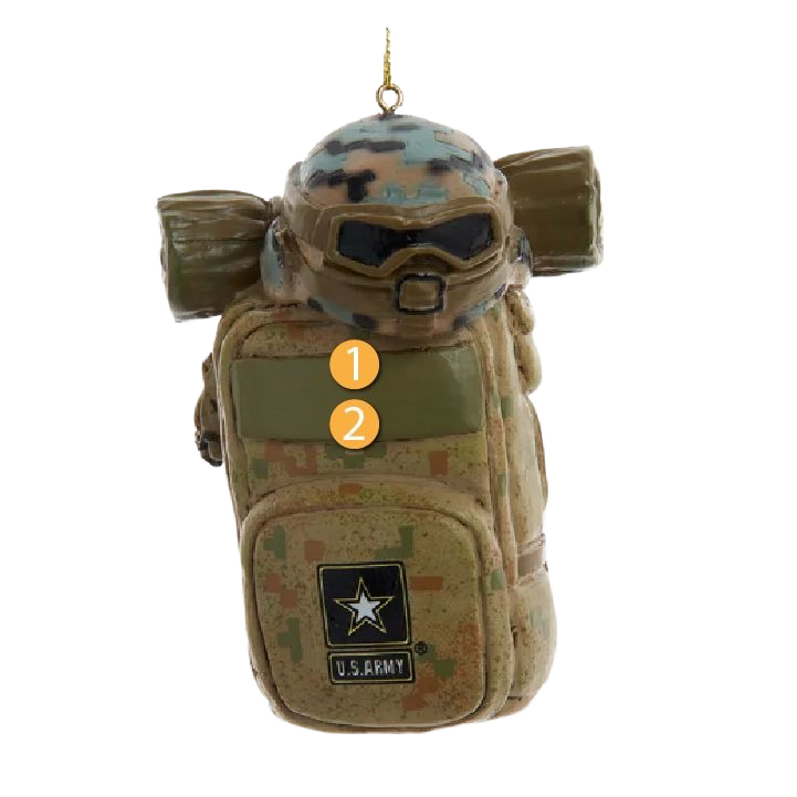 Detailed U.S. Army camouflage backpack ornament with helmet, perfect for Christmas tree decorations under $50 collection