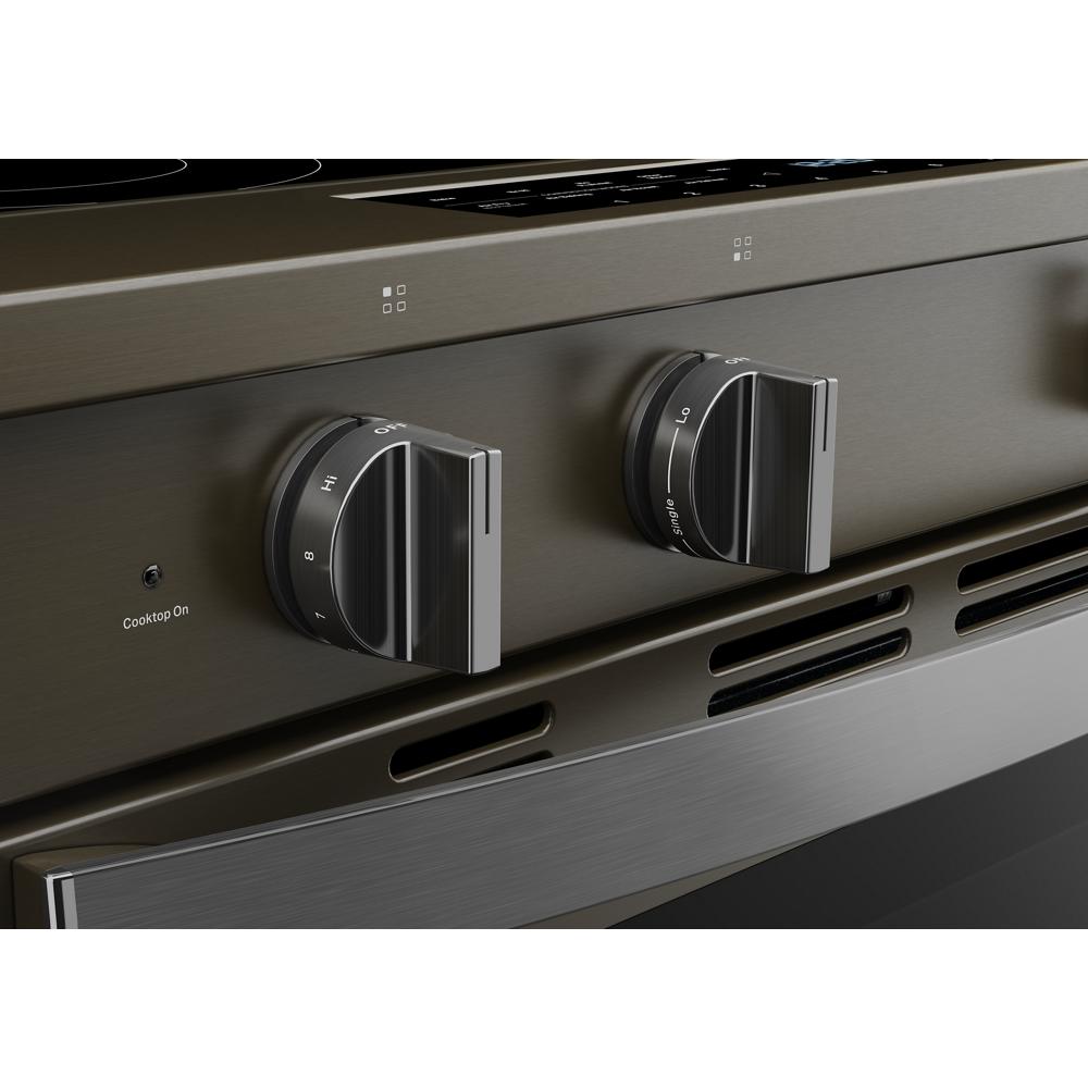 Close-up of stainless steel electric range control panel with two large knobs and ventilation slots, part of Ranges and Electric Ranges collections.