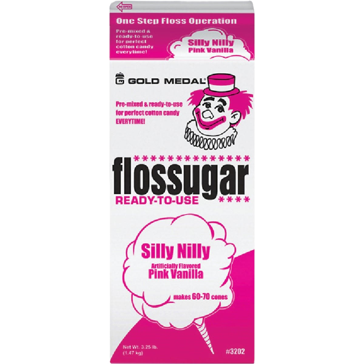 Pink vanilla flavored Gold Medal flossugar packaging with clown graphic for cotton candy preparation