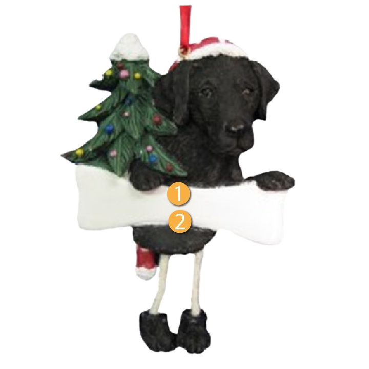 Black Labrador Christmas ornament holding a blank sign with dangling legs and a decorated Christmas tree under $50