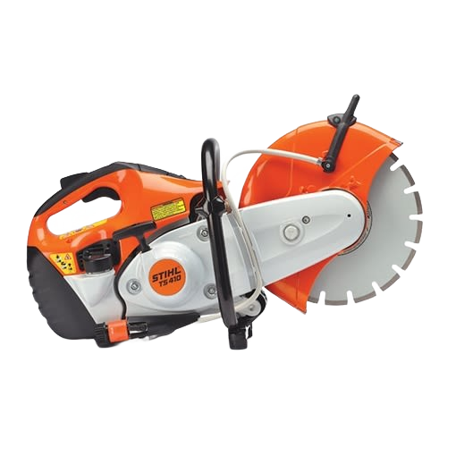 Orange and silver handheld power cut-off saw with large cutting blade for construction and home improvement tasks