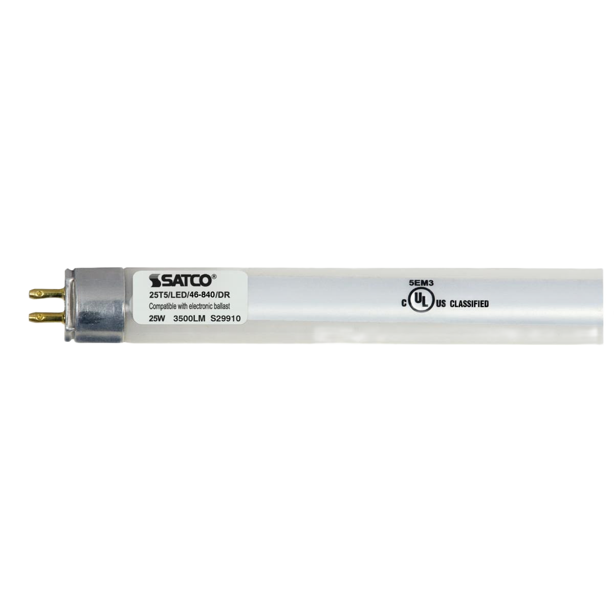 White T5 LED miniature bi-pin base bulb emitting bright cool white light for lighting and electrical applications