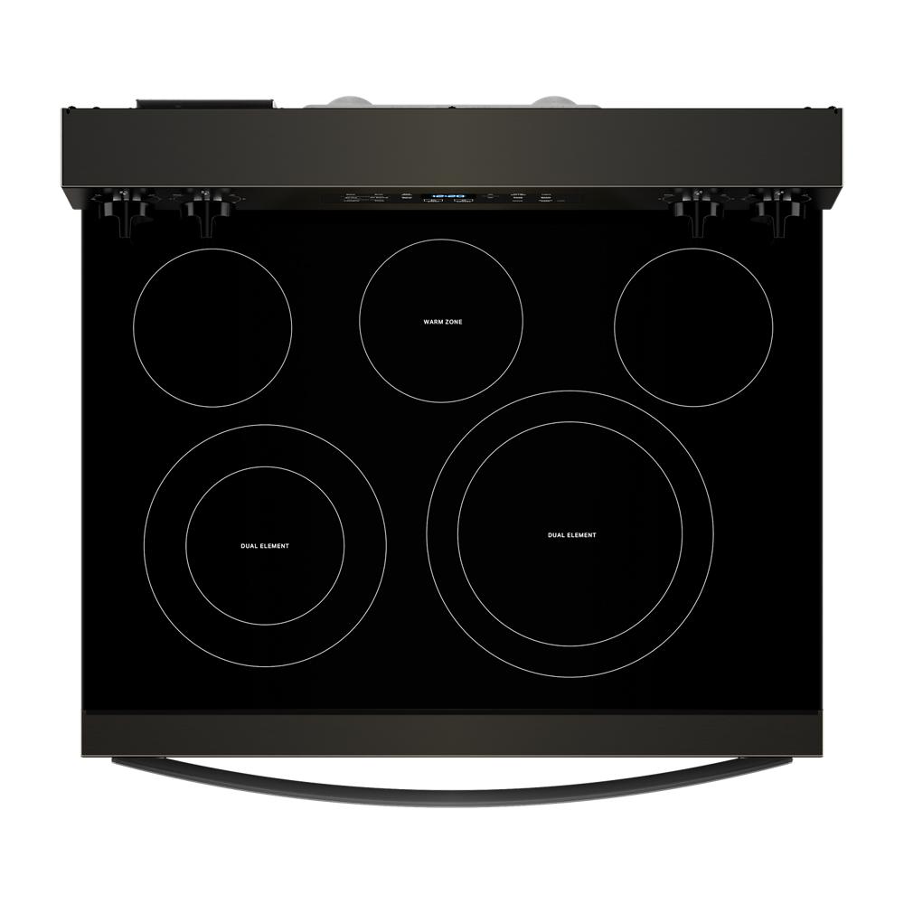 Black 30-inch electric range cooktop with five burners, including dual elements and warm zone, part of Ranges and Kitchen & Kitchenware collections.