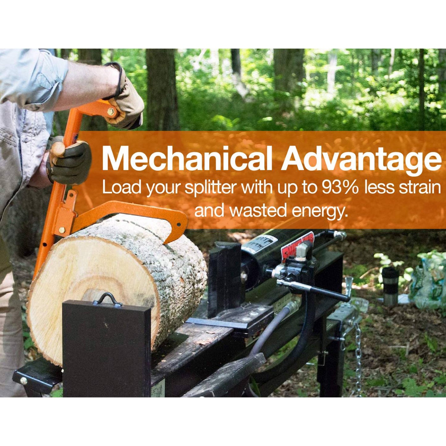 Person using orange log handling tool to position large log on outdoor wood splitter for home improvement tasks