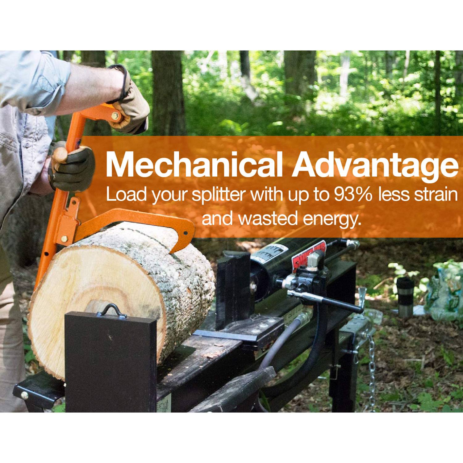 Person using orange log handling tool to position large log on outdoor wood splitter for home improvement tasks