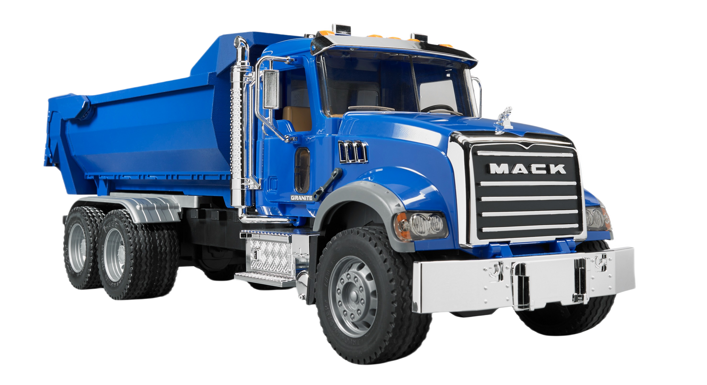 Blue Bruder 1:16 scale MACK Granite halfpipe dump truck toy with detailed cab and functional tipping bed for vehicle collections