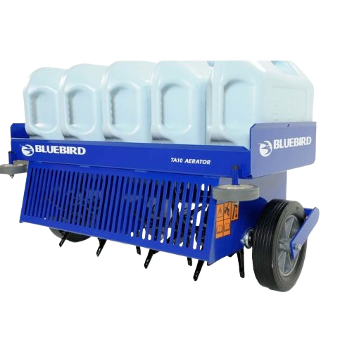 Bluebird blue towable lawn aerator with multiple white water tanks and durable wheels, part of Rental Equipment at Hartville Hardware for landscaping and home improvement tools.