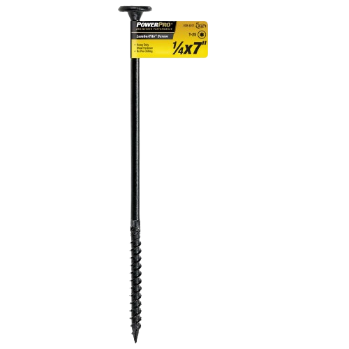 Black 7-inch galvanized lumber screw with flat head and coarse threading for tools and home improvement projects