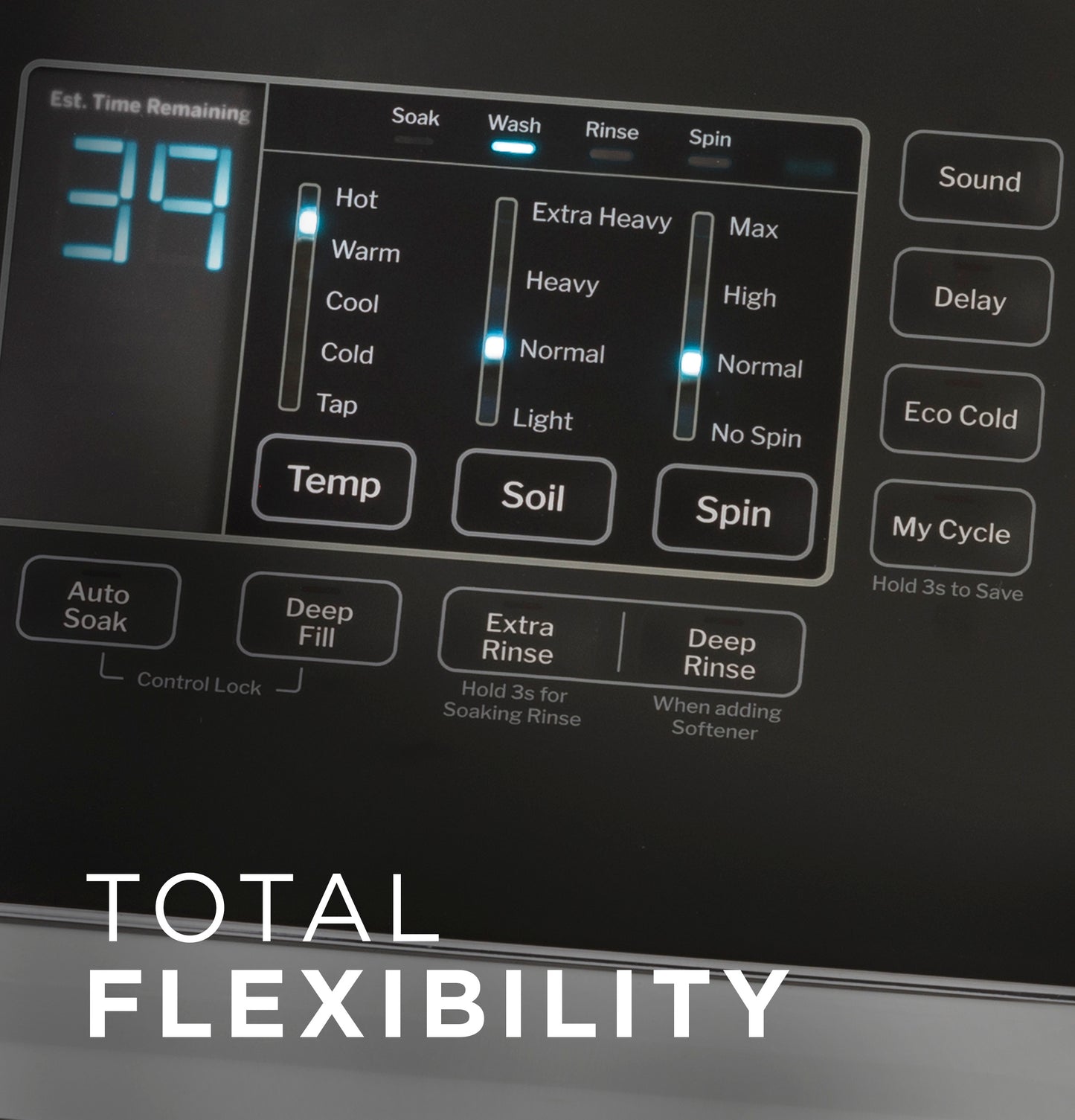 Digital control panel with customizable temperature, soil, and spin settings on a top load washer from Washers & Dryers collection