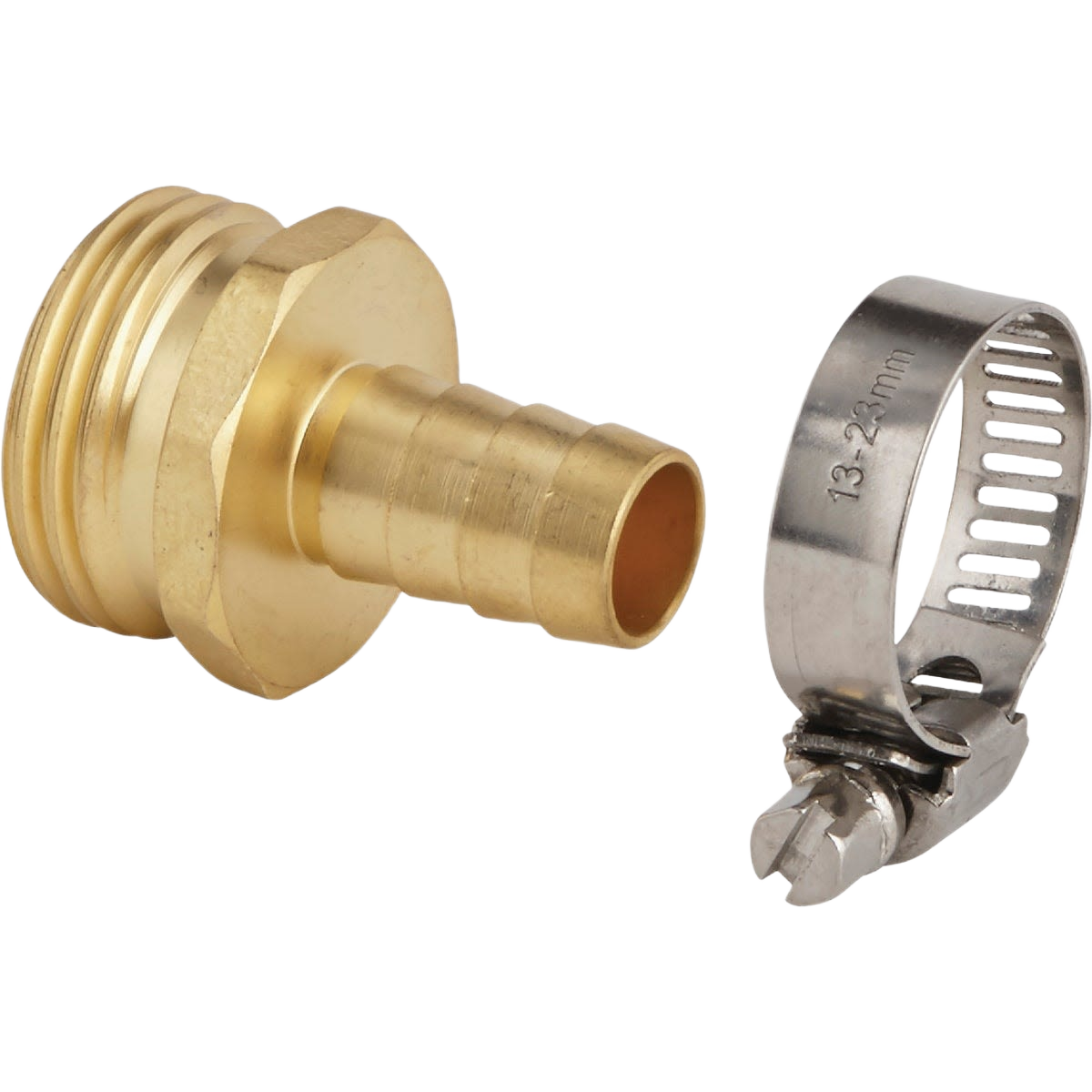 Male brass hose end repair coupling with metal hose clamp for watering and irrigation in lawn and garden projects under $50