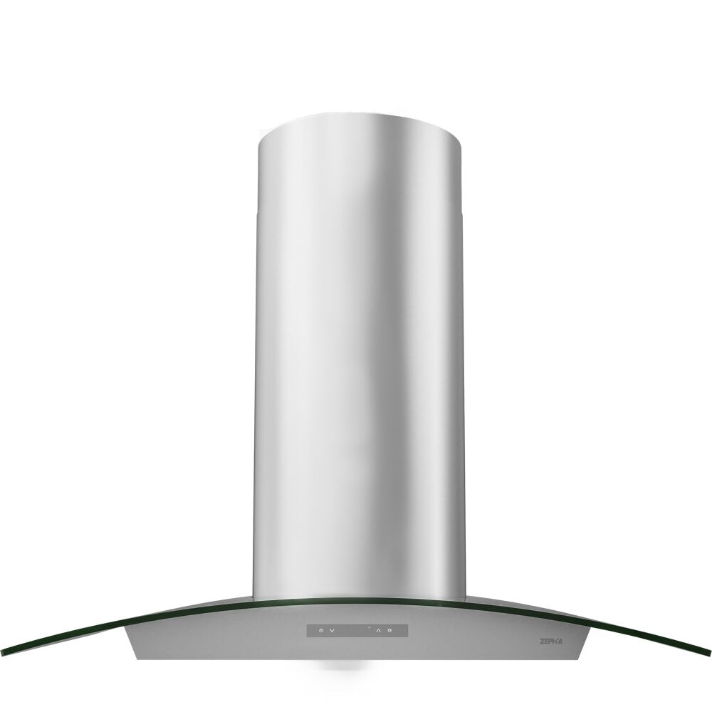 Stainless steel chimney hood with curved glass canopy, LED lighting, and touch controls in range hoods and appliances collection