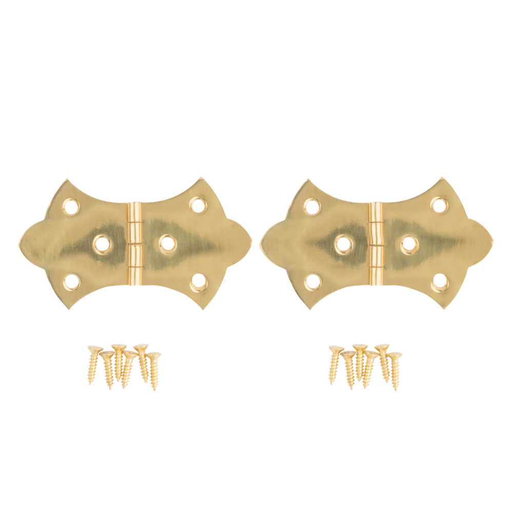 Two miniature solid brass decorative hinges with mounting screws for furniture in hardware under $50 tools