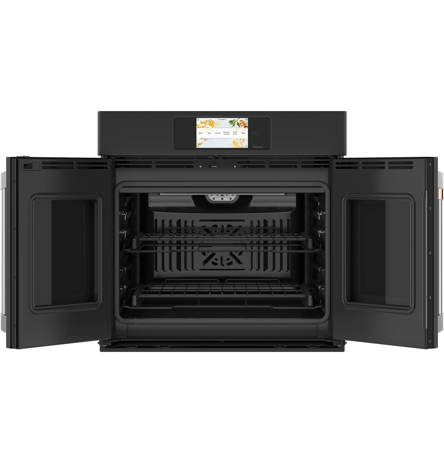 Black built-in convection wall oven with dual French doors open showing interior racks and digital touchscreen panel in appliances collection