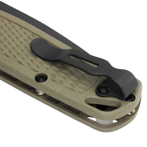 Close-up of ranger green folding knife handle with textured grip and black deep carry pocket clip for secure carry