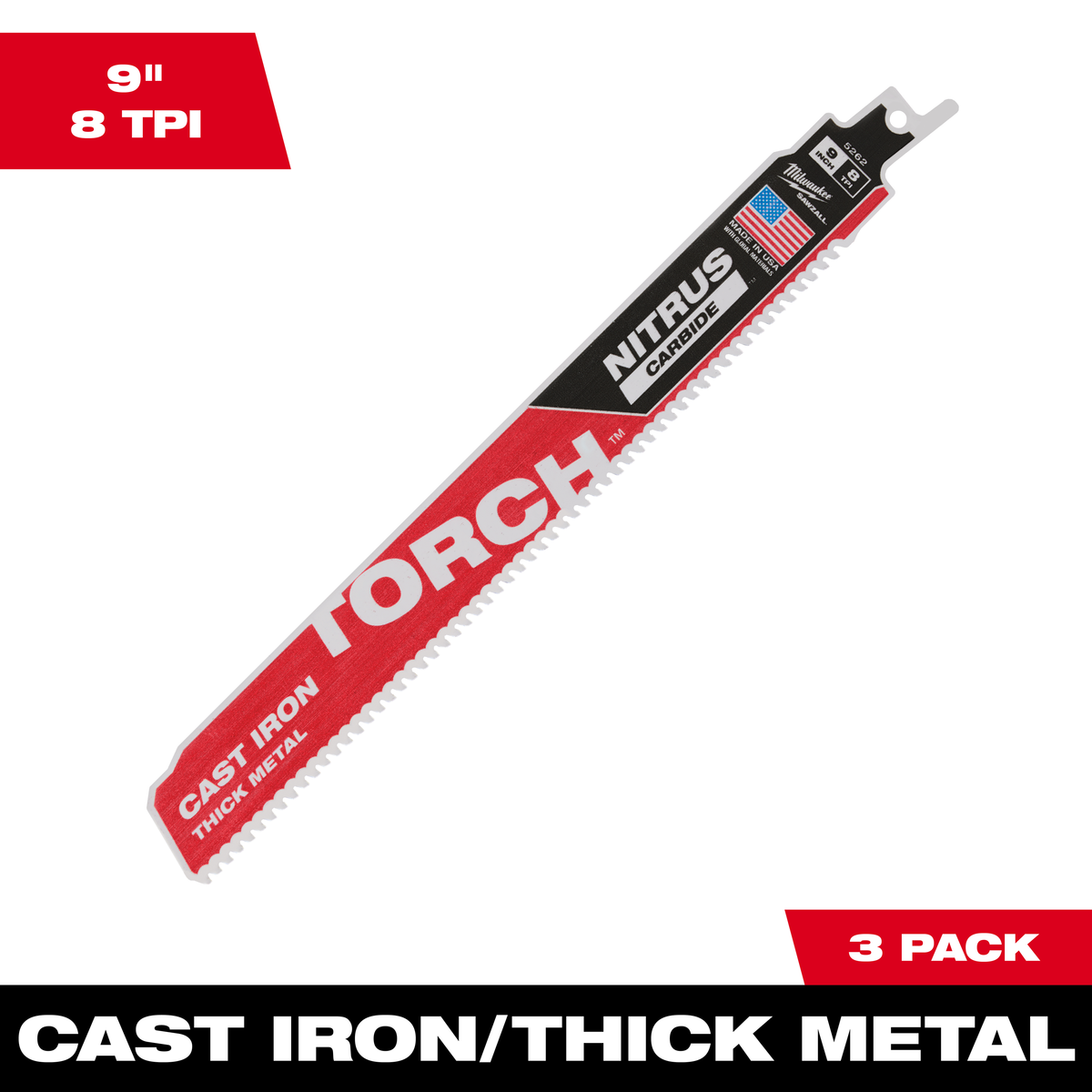 Milwaukee 9" 8 TPI TORCH™ w/NITRUS™ Carbide SAWZALL® Blade for Cast Iron, 3-Pack