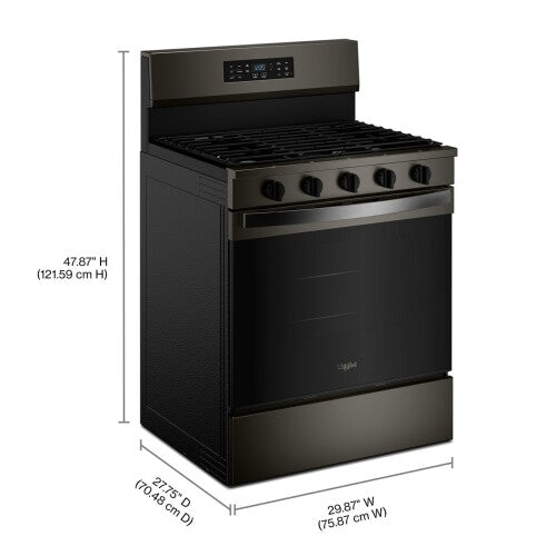 30-inch black stainless steel gas range with digital controls, five burner knobs, and hinged grates in kitchen appliances collection