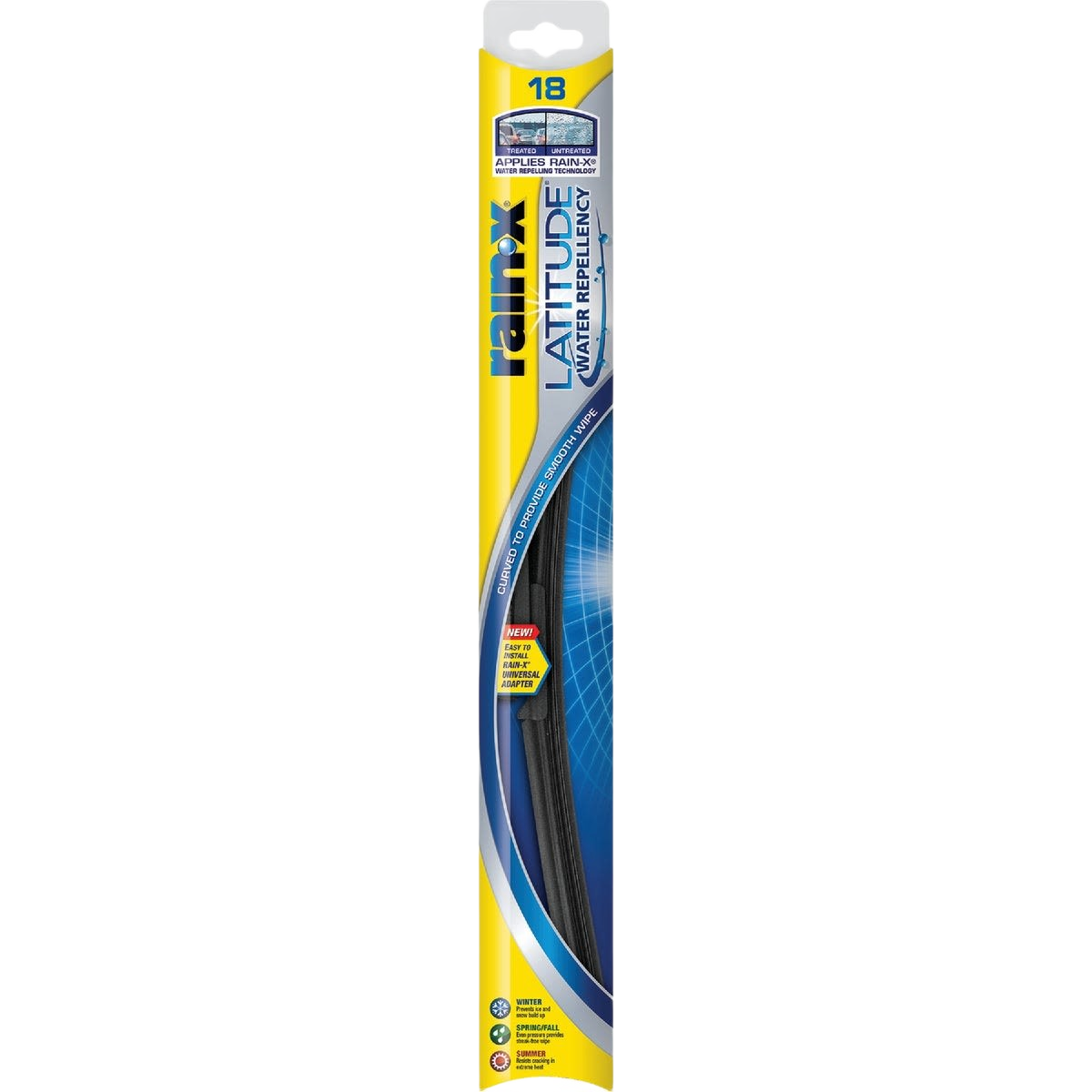 18-inch Rain-X Latitude wiper blade in yellow and blue packaging for tools and home improvement use