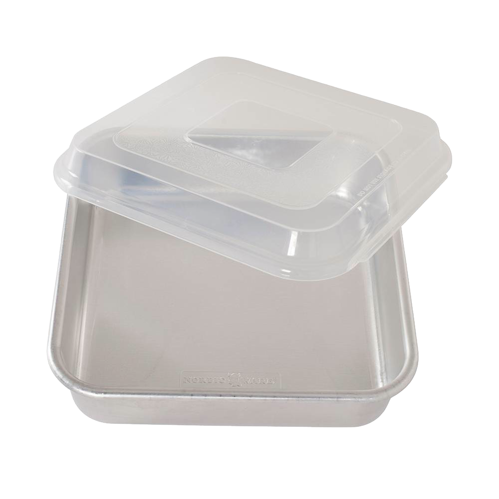 Square metal cake pan with translucent plastic lid for food storage, part of kitchenware and bakeware collections