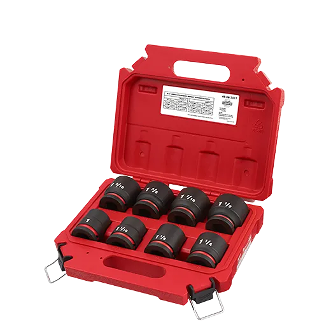 Red case with eight black 6-point impact sockets designed for heavy-duty home improvement tool use