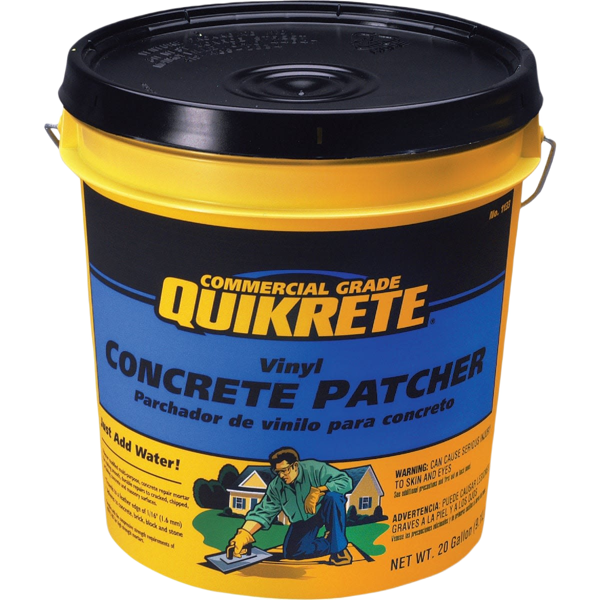Yellow container of Quikrete commercial grade vinyl concrete patch for home improvement and repair tasks under fifty dollars