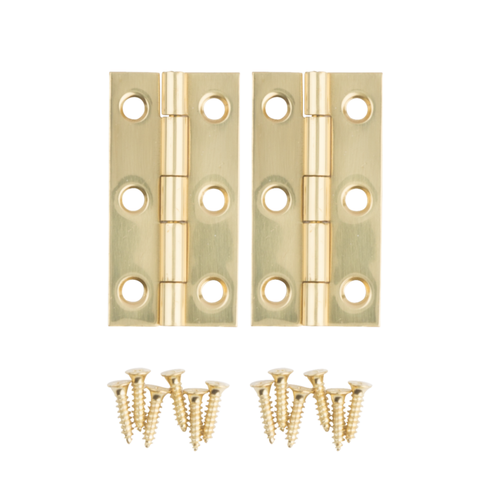 Two solid brass narrow hinges with mounting screws for small craft and home improvement projects under $50