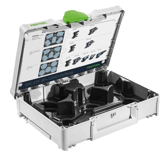 Organized gray and black storage case with labeled interior for woodworking abrasives and tool accessories storage solution