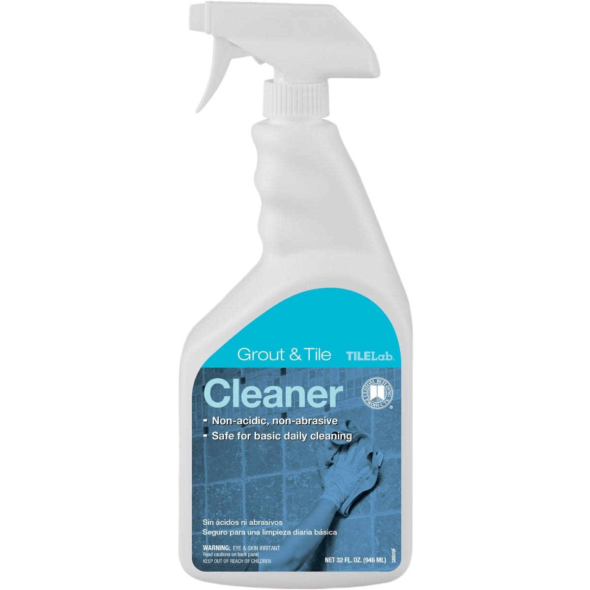 White spray bottle of grout and tile cleaner with blue label and cleaning gloves image in home cleaning supplies collection
