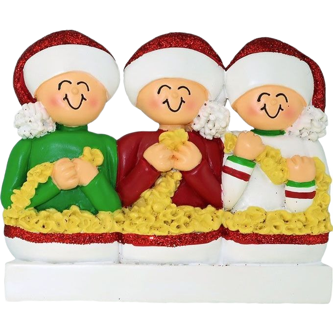 Joyful family of three wearing festive red hats and colorful sweaters holding stringed popcorn in holiday decoration collection