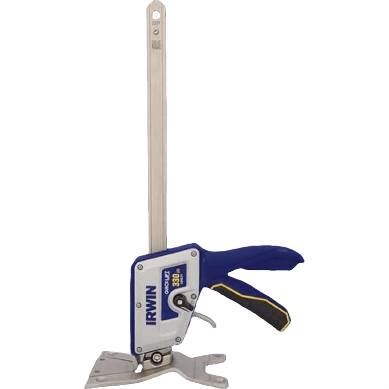 Blue and silver construction jack with ergonomic handle and metal base for precise support in home improvement projects