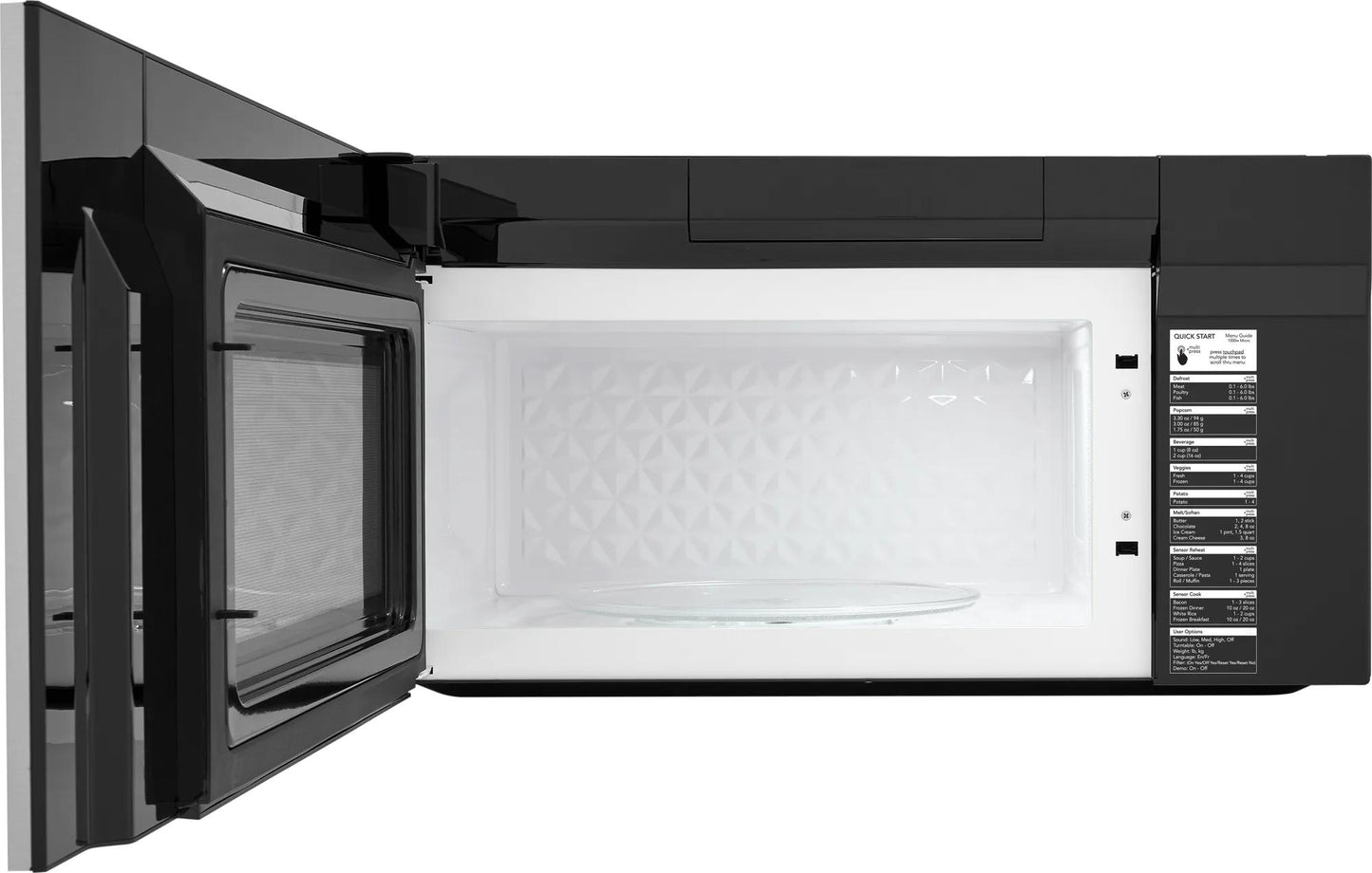Black over-the-range microwave with open door showing textured white interior and rotating glass tray from Microwaves collection