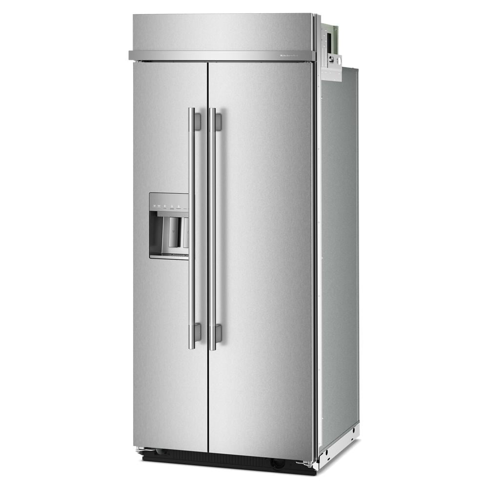 Stainless steel built-in side-by-side refrigerator with exterior water and ice dispenser from KitchenAid Appliances collection