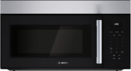 Black Bosch 100 Series over-the-range microwave with left side opening door and digital control panel in kitchen appliances collection