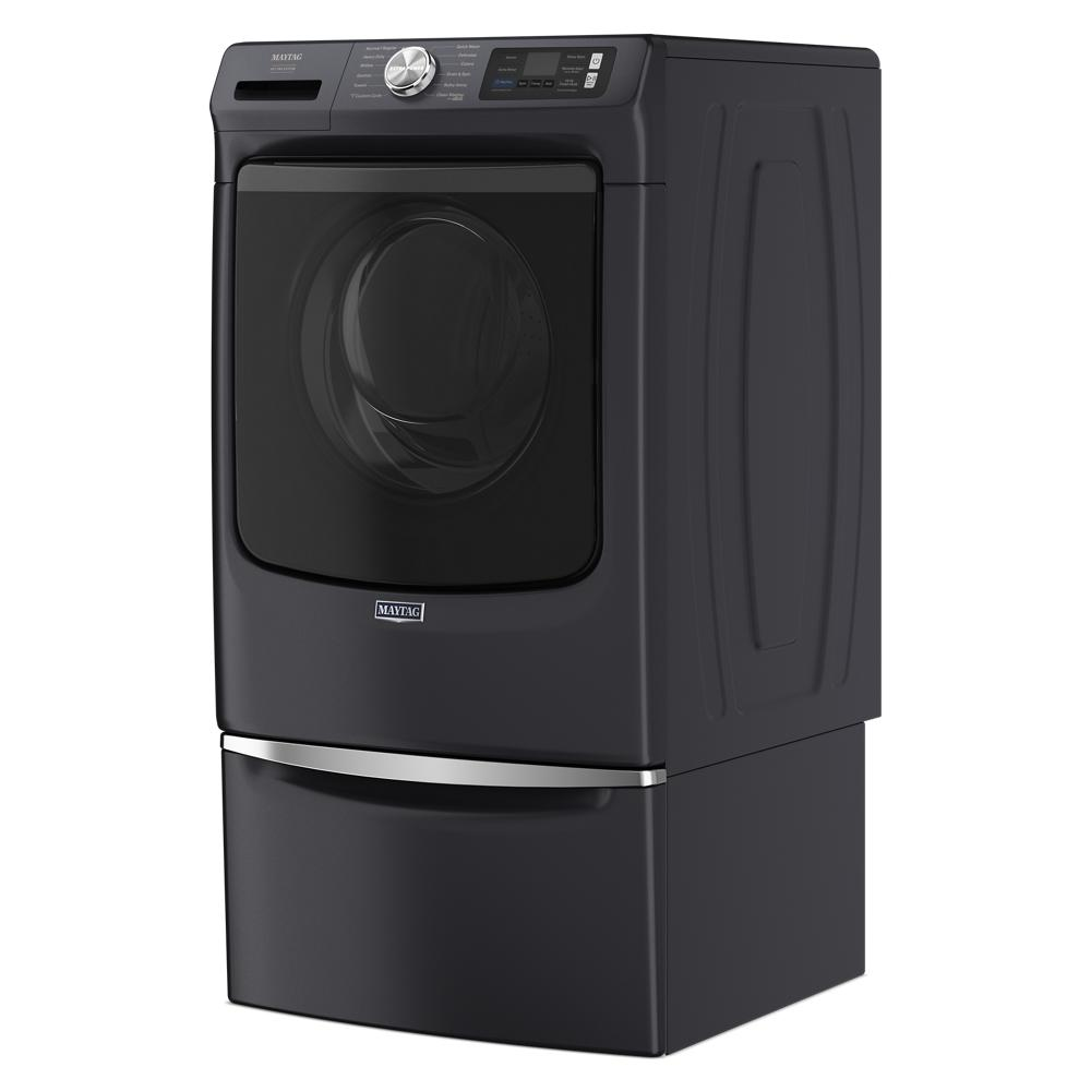 Dark front load washer elevated on a matching 15.5-inch pedestal with storage drawer from Appliance Parts & Accessories collection