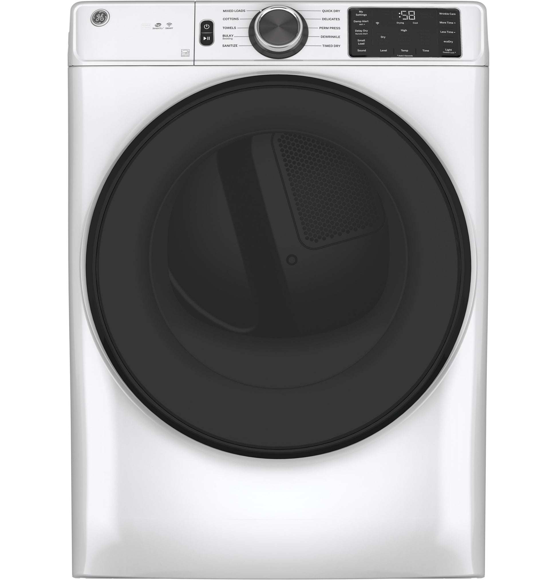 White smart front load electric dryer with large black door and digital control panel from Dryers and Appliances collections