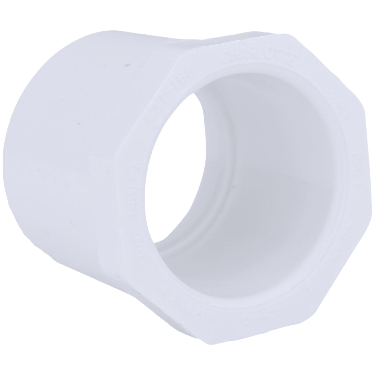 White PVC plumbing bushing with slip and spigot ends for pipe fitting in pipes and fittings collection